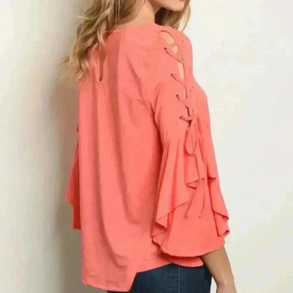 LACE UP SLEEVED CORAL BLOUSE - Picture 2 of 2